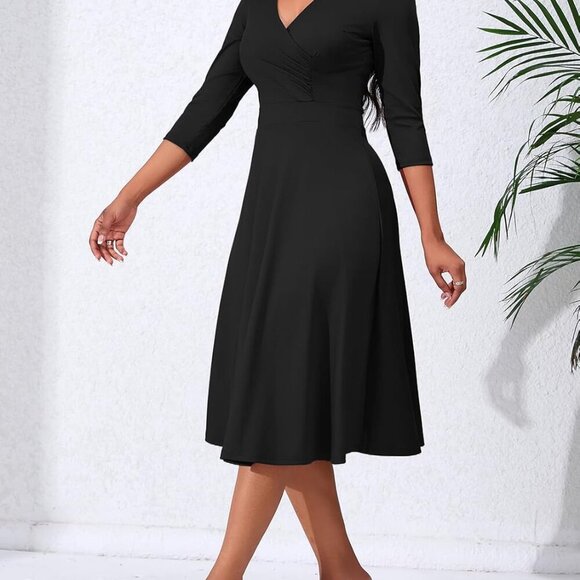 Women's Wrap Midi Dress V-Neck Flared Sleeve Casual Party Wedding Guest - Picture 3 of 6